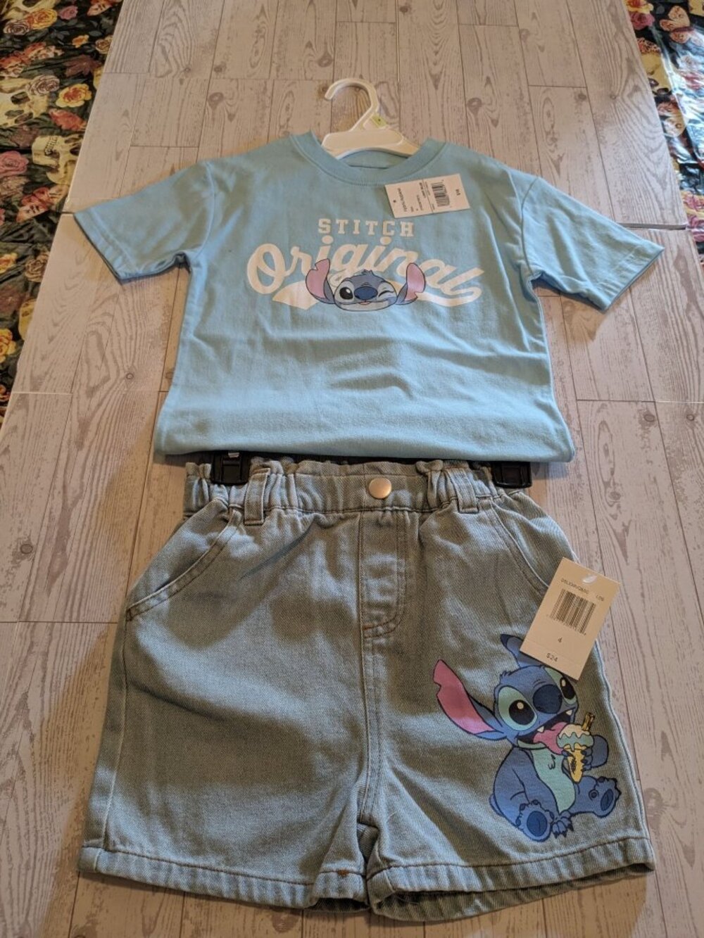 Disney Stitch Kids Two-Piece Set: Light Blue Tee & Denim Shorts Size 4